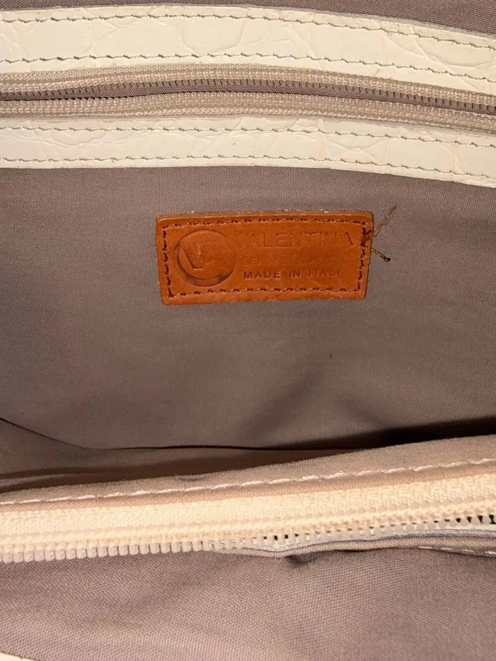 Valentina Made in Italy White Croc-Embossed Leather Satchel with Tan Trim